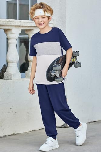 Image of Arshiner Boy's Pants Set - 2 Piece ColorBlock Short Sleeve T-Shirt and Active Pants - Casual Clothing Outfits 5-12 Years