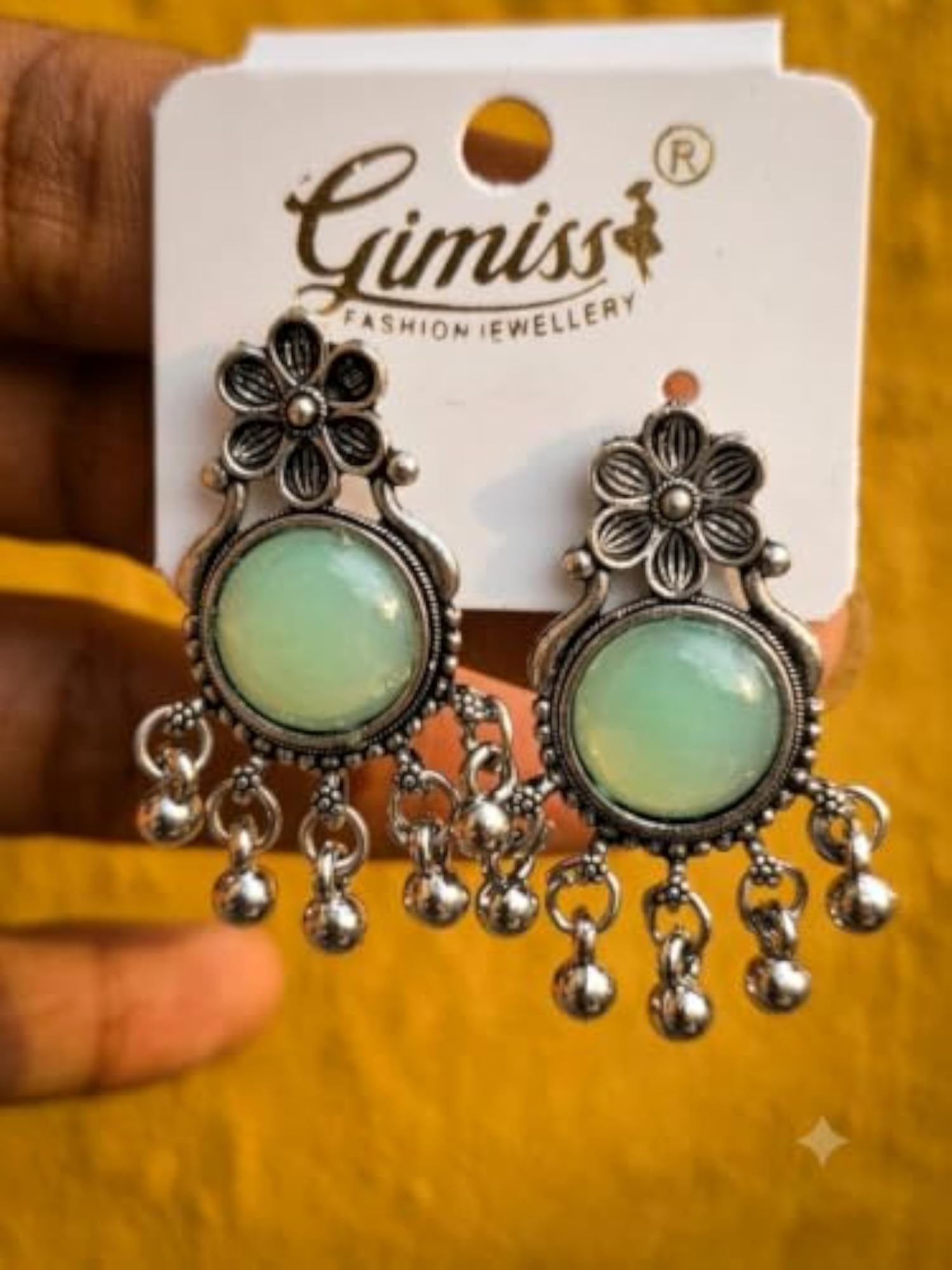 Oxidised Silver Boho Chandbali Earrings with Mint Green Stone