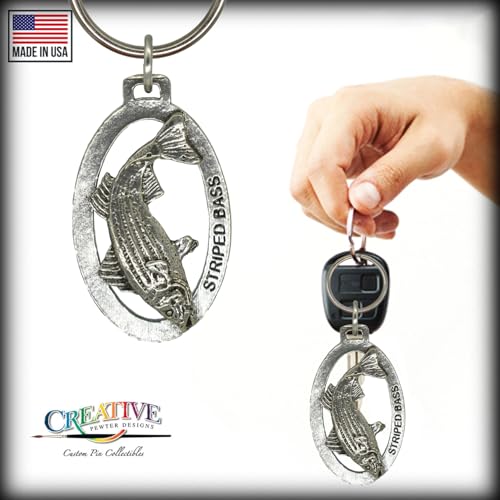 Striped Bass Keychain, Pewter, S052KC, 2”, 100% Handmade in the USA, Fish Keychain, Saltwater Key Chain, Striped Bass Key Ring, Key Fob, Fishing Gift, 200 Fish Designs Available.3