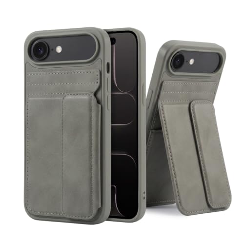 Image of amazon basics Luxury Vegan Leather Back Cover for iPhone 17 Air | Built-in Card Holder Slot | Integrated Mobile Stand | Slim Shockproof Protective Case with Stitched Finish - Gray