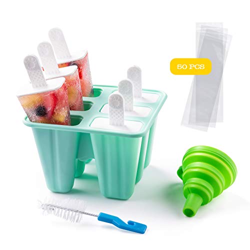 Shpebs Homemade Silicone Popsicle Molds Silicone Ice Pop Molds BPA Free Popsicle Mold Reusable Easy Release Ice Pop Maker with 50 Ice Popsicle Mold Bags, Silicone Funnel & Cleaning Brush (Green)