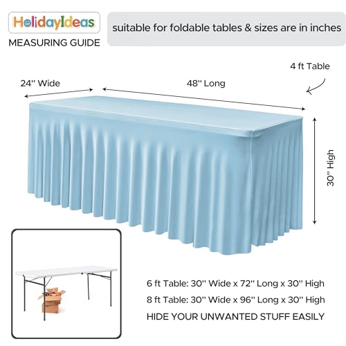 Image of HolidayIdeas Spandex Table Skirts for Rectangle Tables 4 Ft, Fitted Stretch Table Cover 24x48 Inch, Wrinkle-Free Ruffle Design Tablecloths for Banquets,Trade Shows, Parties, Events, 4 Pack, Baby Blue