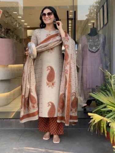 Image of Nermosa Women's Pure Viscose Block Printed Ethnic Wear Straight Kurta Set with Palazzo Pants & Dupatta | Kurta Set for Women | 3 Piece Set