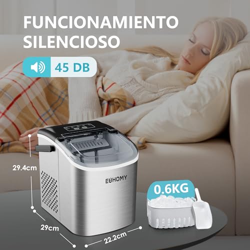 EUHOMY Máquina de hielo pequeña, 9 cubitos de hielo en 6 minutos, 12 kg/24 H, máquina de hielo de acero inoxidable con mango portátil, máquina compacta de hielo autolimpiante para el hogar/cocina - imagen 8