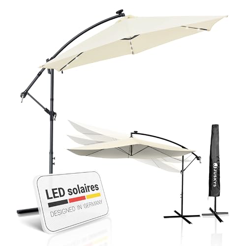 Juskys Parapluie feu tricolore Brésil Eclairage LED solaire & manivelle - Protection UV, déperlant, articulé - parasol marché parapluie/crème- crème, 350cm