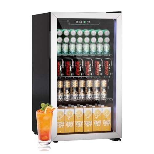 Mini refrigerador de 80L, refrigerador independiente para bebidas con capacidad para 115 latas y puerta de vidrio para refrescos, refrigerador pequeño con estantes ajustables (plateado)