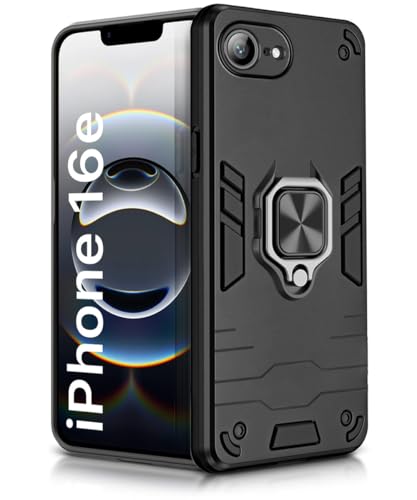 Image of WOW IMAGINE Shock Proof Back Case Mobile Cover for iPhone 16e | iPhone 17e | Back Cover Case (Tough Armor | Hybrid PC + TPU | Ring Holder & in-Built Kickstand | Black)