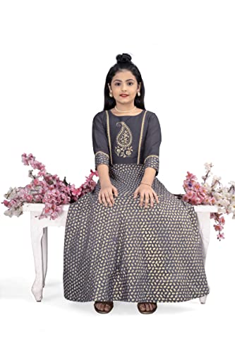 Image of Fashion Dream Girls Crepe Silk Maxi Length Foil Printed Dress|Maxi Dress|Long Dress|Printed Dress|Foil Printed Dress(Grey 7-8 Year)