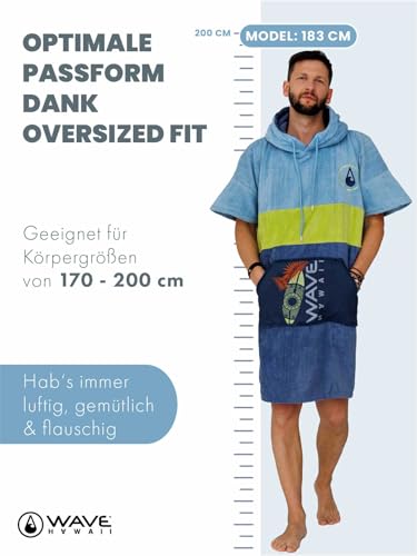 WAVE HAWAII Bade-Poncho Damen & Herren Kapalua mit Kapuze, Größe L, 170-200cm, 100% Baumwolle Surf-Poncho für Erwachsene, Velours & Frottee-Handtuch mit hoher Wasserabsorption