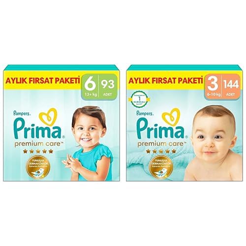 Prima Bebek Bezi Premium Care 6 Numara 93 Adet Aylık Fırsat Paketi ve Prima Premium Care Bebek Bezi 3 Numara 144 Adet Aylık Fırsat Paketi