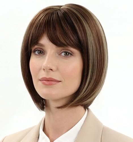 TISHINING Brown Highlights Short Bob Wig with Bangs Wigs for Women Chin...