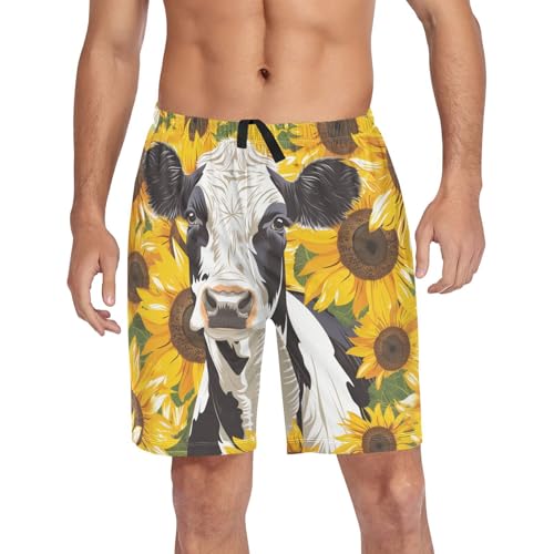 Cow Sunflowers Pajama Bottom Shorts for Men Soft Casual Sleep Lounge Shorts with Pockets S-XXL