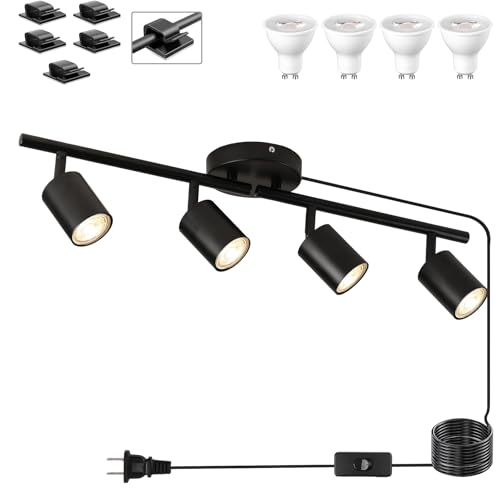 Plug in Track Lighting Kit 80cm LED 4 Light Kitchen Track Lighting Corded Wall Light with 16.4ft Cord 4 Way Ceiling Spot Lighting Flexibly Rotatable Head Includes 4 x GU10 Bulb (4-Black-80cm)