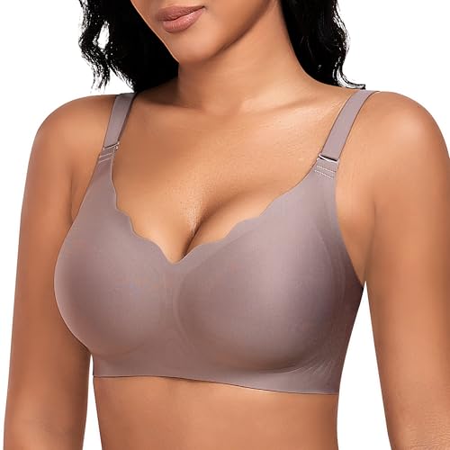DOCUMO Wireless Bras for Women Push Up Bra V Neck No Underwire Adjustable Semi-Fixed Pads Seamless Grey Bralettes Comfortable Bra(Grey,Small)