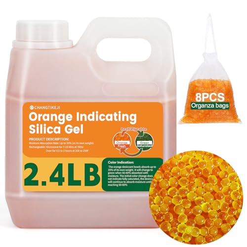 Orange Silica Gel Desiccant Beads 2.4LBS - Premium Color Indicating Reusable Moisture Absorbers for Camera Electronic Books Documents 3D Filaments Clothes Painting Jewelry(8PCS Organza Bags)