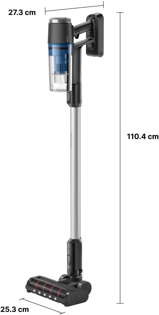 Diagram showing the dimensions of the Philips 3000 Series Cordless Vacuum Cleaner.