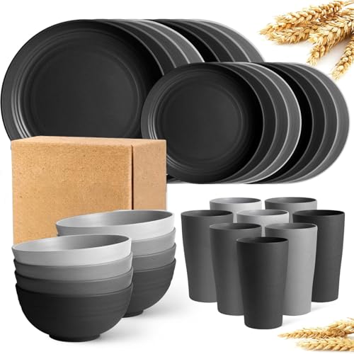 32PCS Wheat Straw Dinnerware Sets Dishes Set Service for 8 Kitchen Plates and Bowls Set Unbreakable Modern Dish Set Plate/Dessert Plate/Cereal Bowl/Cup Lightweight (Gradient black 32pcs)
