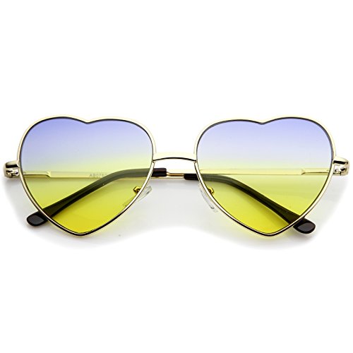 zeroUV Small Thin Metal Frame Temples Vibrant Colored Gradient Lens Heart Sunglasses 52mm (Gold/Blue-Yellow)