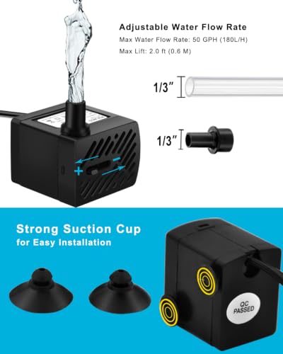Image of PULACO 50GPH 3W Mini Submersible Water Pump with 3.3 FT Tubing for Aquariums, Fish Tank, Pond, Fountain, Hydroponics