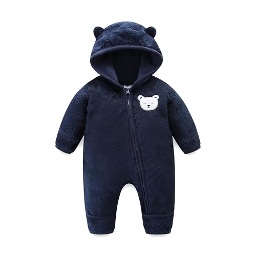 Image of Newborn Baby Fleece Jumpsuit Unisex Infant Bear Hooded Onesie with Mitten Cuffs Winter Warm Snowsuit Outfit