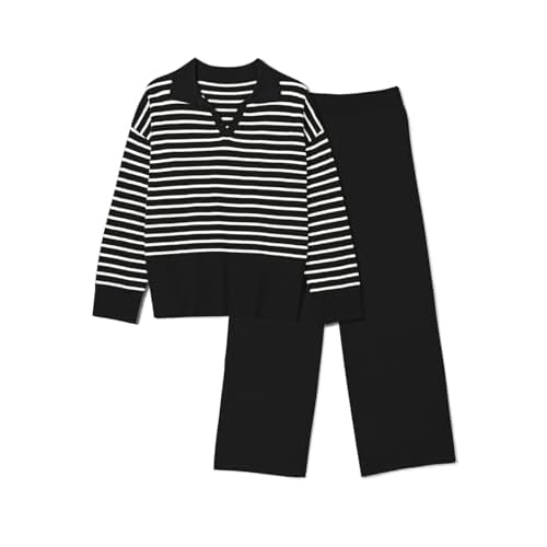 Pink Queen Sweater Sets for Women 2 Piece Long Sleeve Collar V Neck Sweatsuit Knitted Stripe Pajamas Black Large