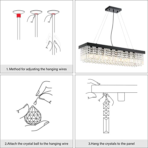 Siljoy Modern Crystal Chandeliers Rectangular, 40" X 10" X 10" Raindrop Chandelier Kitchen Island Light Fixture, Ceiling Chandelier For Dining Room Black #TOP3