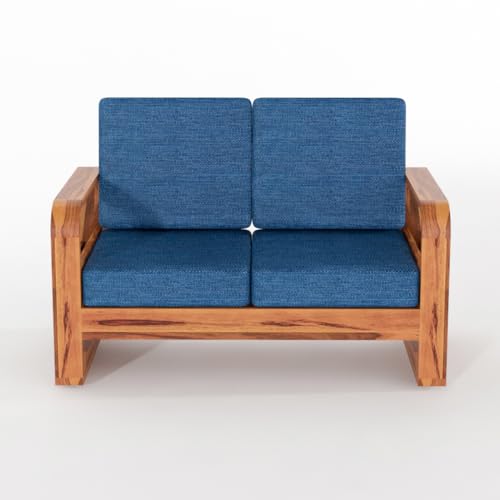 Image of Sheesham Wooden 2 Seater Sofa for Living Room | Solid Wood Sofa with Side Pocket Storage & Cushion | Rosewood Sofa Set for Home & Office | Lounge (Honey with Blue Cushion, 2 Seater)
