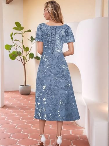 Tea Length Mother of The Bride Dresses Sequin Sparkly Beaded Short Sleeves A Line Formal Evening Dress for Women3