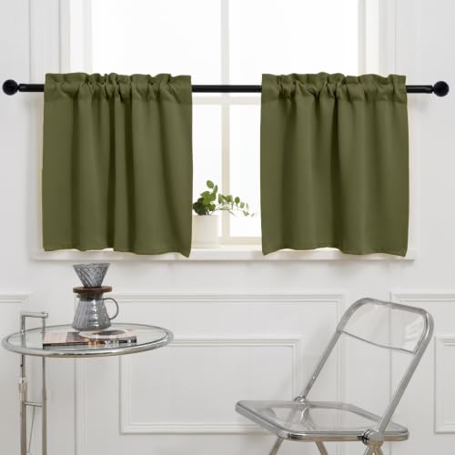 Pickluc Blackout Kitchen Curtain 20 Inches Long, Rod Pocket Cafe Tier Curtains for Small Window Treatment in Living Room, Basement, RVs, Cabinets, 2 Panels, W24 X L20 Inch, Olive Darb