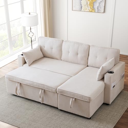 Wyibwy Divano 3 posti con funzione estensibile letto,divano angolare a L con portabicchieri e due vani portaoggetti,divani modulare moderno,tessuto in cotone e lino, per soggiorno/appartamento,Beige