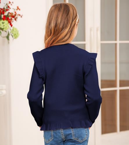Girls Cardigan Sweater School Uniforms Button Crewneck Cute Ruffle Long Sleeve with Pockets Bowknot Knit Tops4