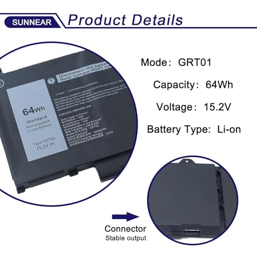Image of GRT01 Laptop Battery Compatible with Dell Latitude 14 5421 5431 15 5521 5531 Precision 14 3470 15 3561 3571 Alienware m17 R5 AMD 0R05P0 R05P0 00P3TJ 0P3TJ VXD57 64Wh 15.2V 4000mAh 4-Cell