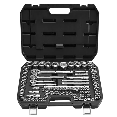 Image of VEVOR Socket Set, 86 Pieces, 3 /8 & 1 /4 & 1 /2 inch Drive Socket and Ratchet Set, SAE and Metric, Mechanic Tool Kit with Ratchet Wrench, Accessories and Storage Case, CR-V Alloy Steel, for Auto Repair