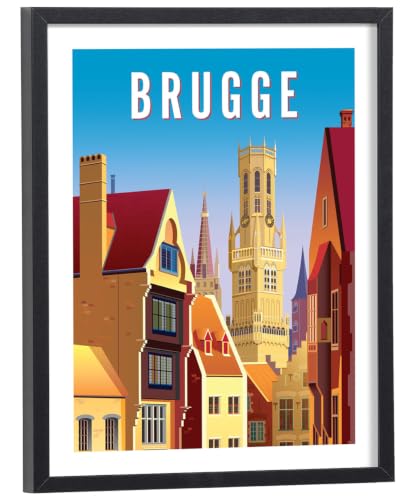 Décoration ville de Belgique : affiche Bruges vintage 30x40 cadre bois noir
