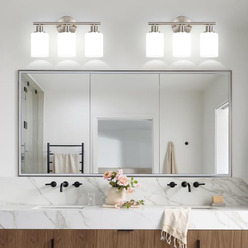 Zarbitta 3-Light Bathroom Light Fixtures, Brushed Nickel Vanity Light, Farmhouse Wall Lights with Milky White Frosted Glass Shades, Bathroom Wall Lamp for Mirror Kitchen Bedroom Hallway Living Room by Zarbitta - Used condition - Image 6