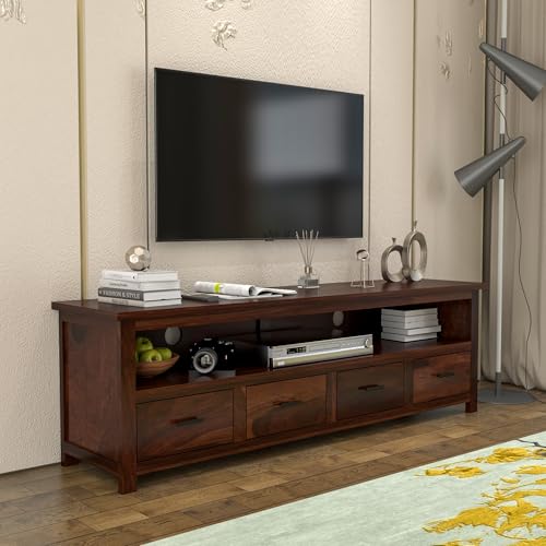 Image of Sheesham Solid Wood TV Cabinet for Living Room | Handcrafted Wooden TV Unit with Storage | Elegant Entertainment Stand for Modern Homes (4 Drawer Tv Cabinet, Walnut)
