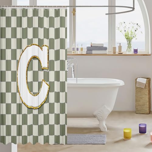 Image of Erosebridal Sage Green Checkered Bathroom Accessories Plaid Initial C Shower Curtain Personalized Monogram Bathroom Curtain for Kids Adults 72 inch Wx72 L Fashion Grids Gingham Shower Decor