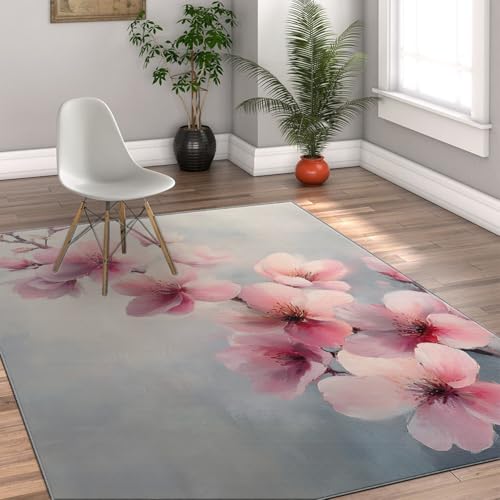 Tapis de salon moderne 160x200 fleurs de cerisier rose antidérapant et doux - 4