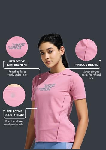 Image of Women's Soft Feel Round Neck Basic Moisture Wicking T-Shirt with Reflective Print | Super Stretchable T-Shirt for Girls | Women Light Weight Tshirt | Yoga Tshirt for Women