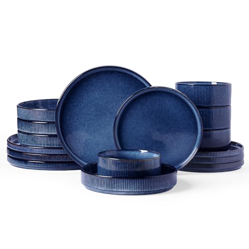 Image of Famiware Star 16-Piece Stoneware Dinnerware Set, Service for 4 - Shallow Pasta Bowls & Flat Plates, Modern Rustic Reactive Glaze Dishes, Chip /Scratch Resistant, Microwave /Dishwasher Safe, Nebulas Blue