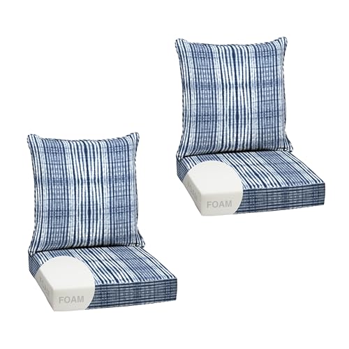 Image of Arden Outdoor Foam Deep Seat Cushion Set, 2-Pack, 24x24, Premium High-Density Foam, Never Flattens, Weather-Proof for Patio Chair Sofa Couch, Blue Shibori Stripe