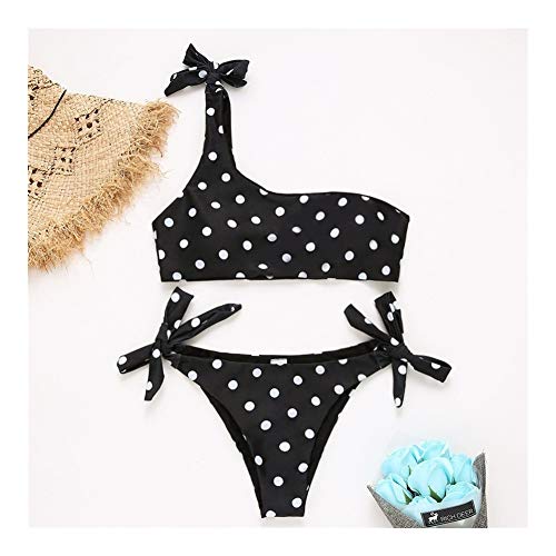 MADONG Bikini con estampado de lunares con hombros anudados, traje de baño Negro Negro ( S