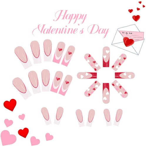 24 Piezas de San Valentín Uñas para Pegar Corazón Cubiertas Completas Uñas Artificiales Encaje Francés Para Imprimir Uñas Manicura Accesorios Para Mujeres