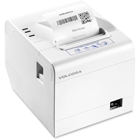 Volcora Thermal Receipt Printer, 80mm POS Printer w/Auto Cutter, USB/Ethernet Interface for Windows/MAC/Linux, ESC/POS Command Support Cash Drawer, High Speed Kitchen Printer, Wall Mount (White) Cover