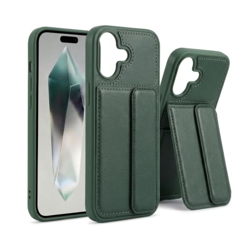 Image of amazon basics Luxury Vegan Leather Back Cover for iPhone 16 | Built-in Card Holder Slot | Integrated Mobile Stand | Slim Shockproof Protective Case with Stitched Finish - Green