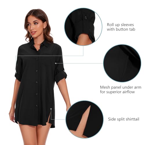 Lightbare Women’s UPF 50+ Button Down Shirt Dress Collared Long Sleeve Blouse Swimsuit Coverup Boyfriend Shirts Loose Fit4
