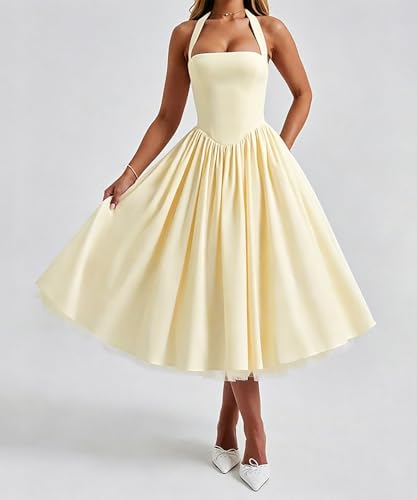 Image of Women Summer Halter Dress Low Cut Sleeveless A Line Tulle Swing Flowy Tea Length Dress Corset Prom Formal Ball Gowns