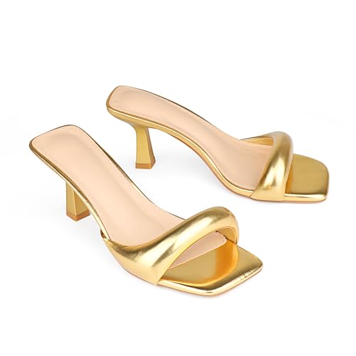 Image of Women's Kitten Heels Sandals 2.76 Inch Square Toe Stiletto One-Strap Heeled Sandals Slip-On Mule Heels for Women