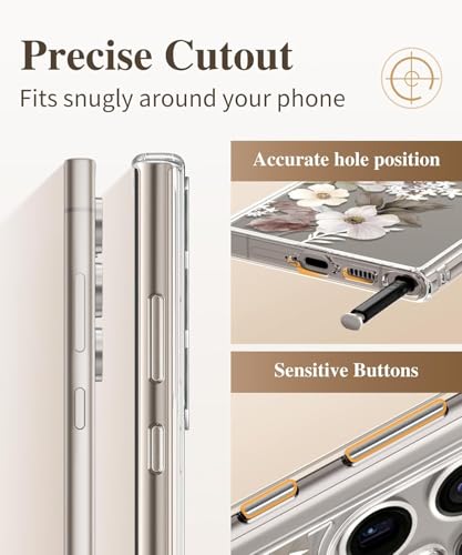 Image of Elzzi Clear Transparent Case for Samsung S24 Ultra Cover Shockproof Floral Design Full Camera Protection Shockproof PC+TPU Covers Transparent Flower Cover for Girls & Women 2024 6.8 inch (Grey)