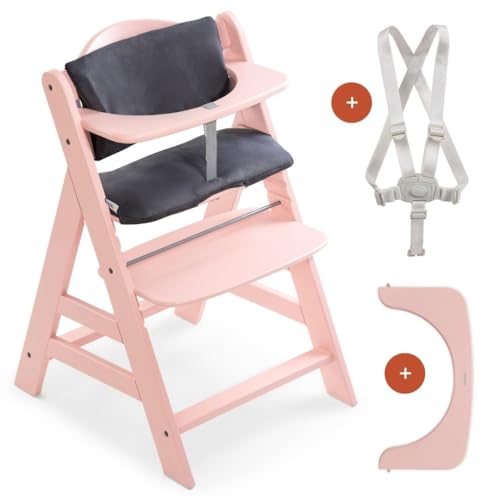 hauck Hochstuhl Alpha Plus - Mitwachsender Holz Kinderhochstuhl mit Gurt, Schutzbügel und Sitzkissen - Rosa Grau